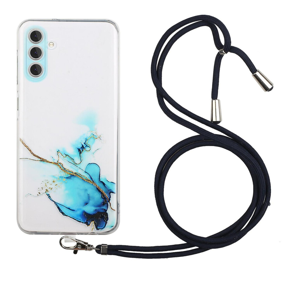 (Blue) For Samsung Galaxy A34 5G Drop Resistant Phone Case Marble Pattern Embossing Tpu Cover With Lanyard Blue 4814698440699