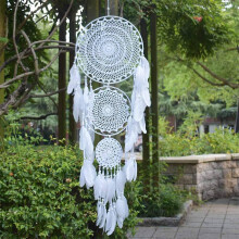 Big Dream Catcher With 3 Circles, White Macrame Springs For Hanging For Vintage Wedding Decoration 35 Cm Circle 110 Cm Long