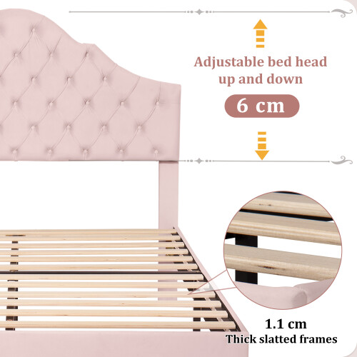 135*190 Upholstered Double Bed with Height-adjustable Headboard, Pink 2