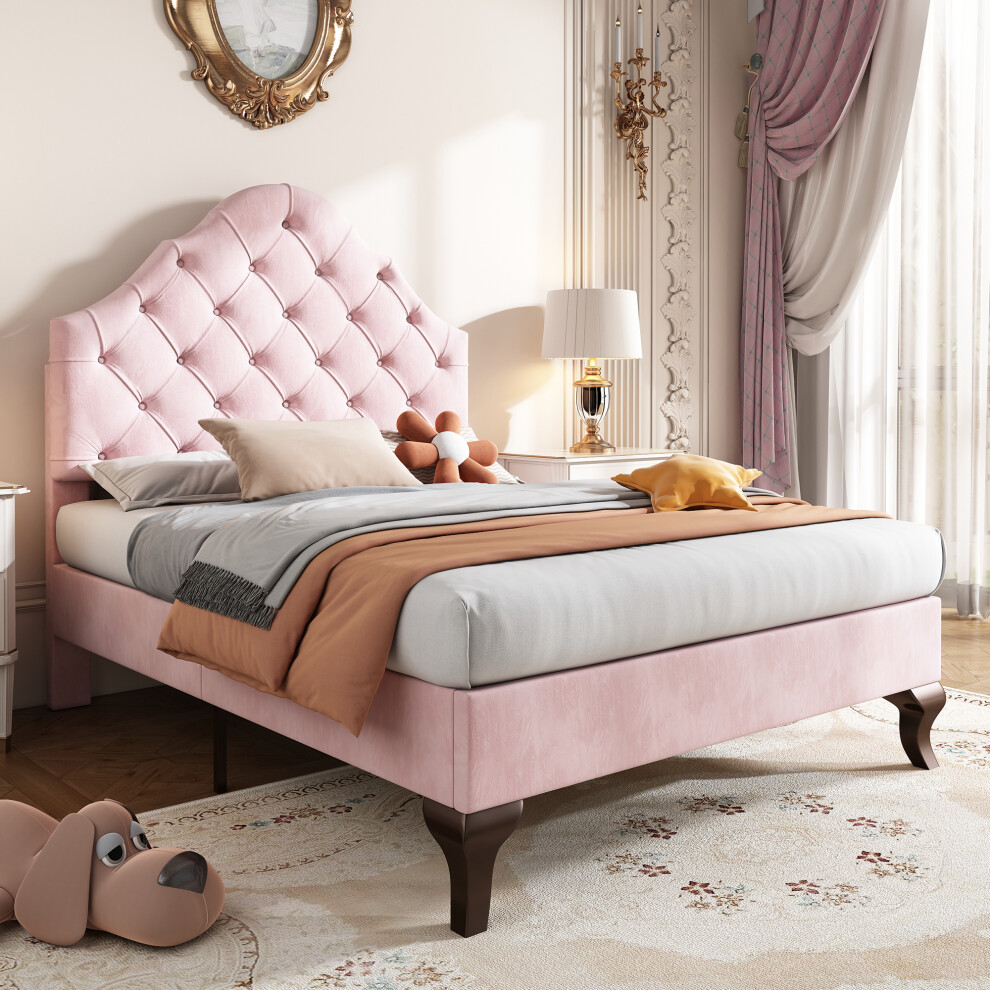 (90*190) Upholstered Single Bed with Height-adjustable Headboard, Pink