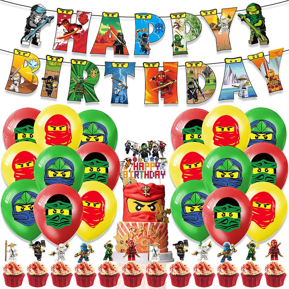 Ninjago Theme Kids Boys Happy Birthday Party Decoration Set Balloon Banner Cupcake Toppers Kit