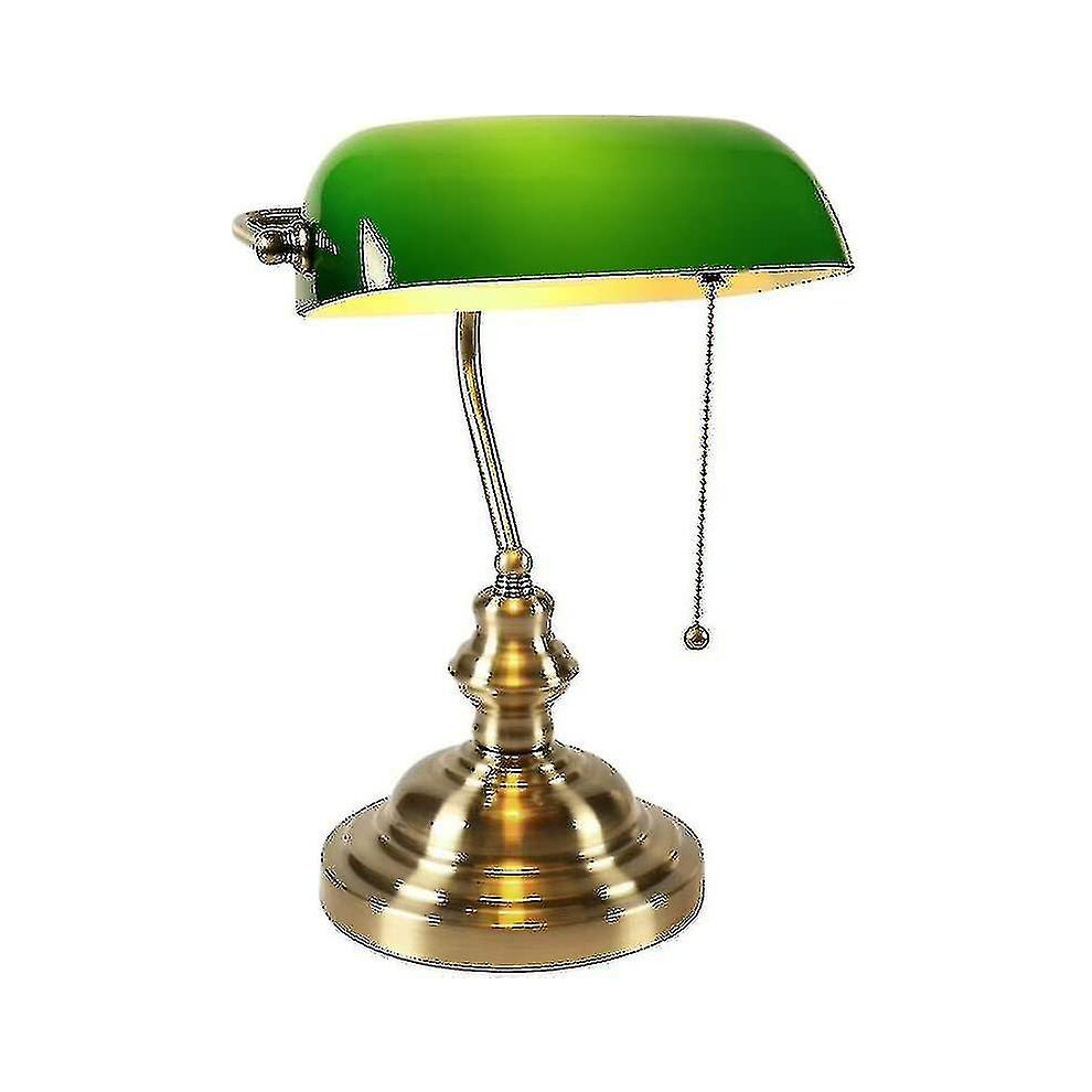 Glass Bankers Desk Lamp With Pull Chain Switch Plug In Fixture (green)