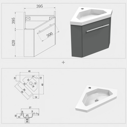 AICA Cornet Bathroom Vanity Unit with Basin Sink Wall Mounted Grey 1