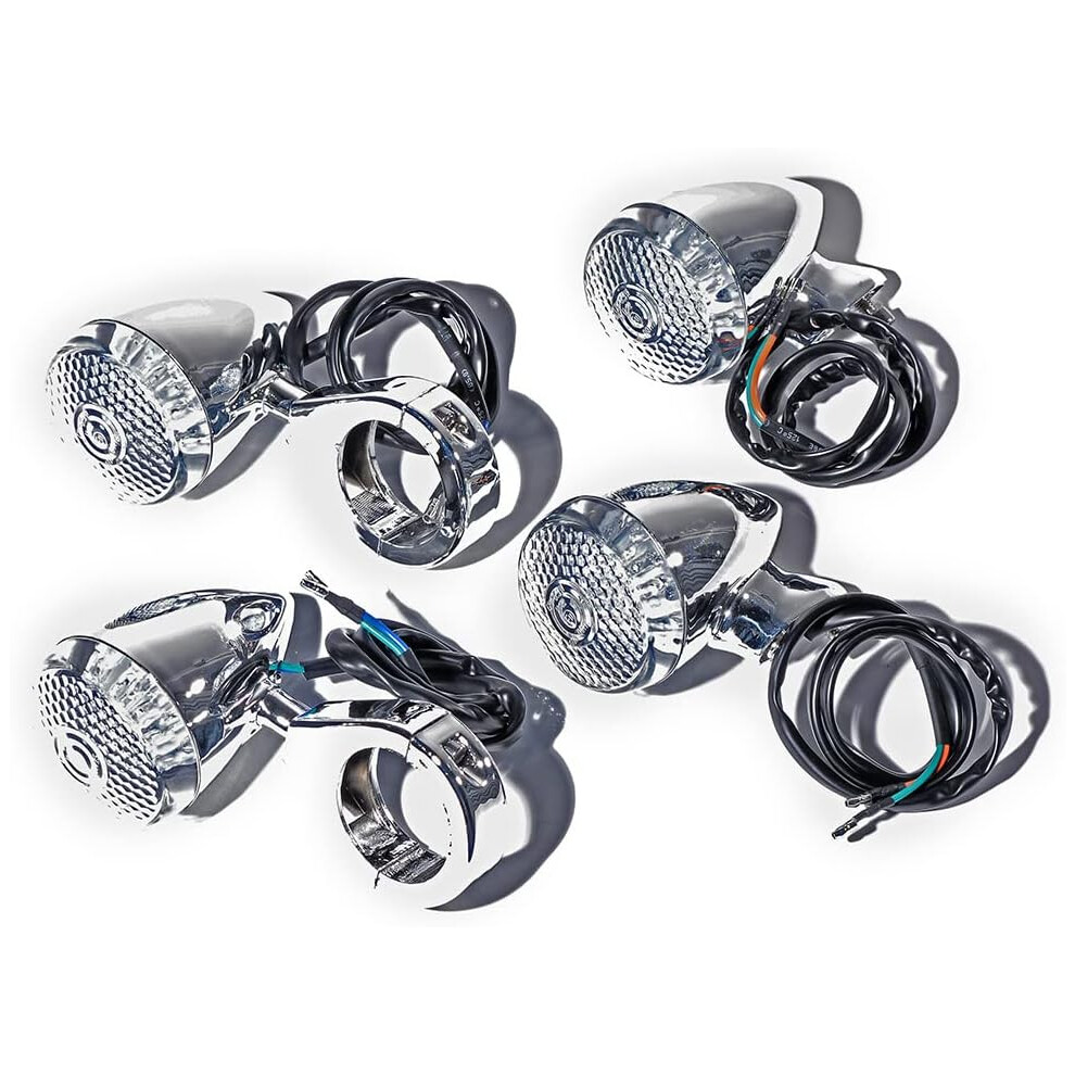 4Pcs F&R Chrome 41Mm Fork Clamp Tube Led Turn Signal Compatible With Motorcycle Harley Cruiser Chopper Custom Bike & Touring Light 6935462212071