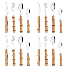 (16PCS) 4/8/16/24pcs Creative Bamboo Handle Cutlery Set Stainless Steel Tableware Steak Knife Fork Spoon Teaspoo