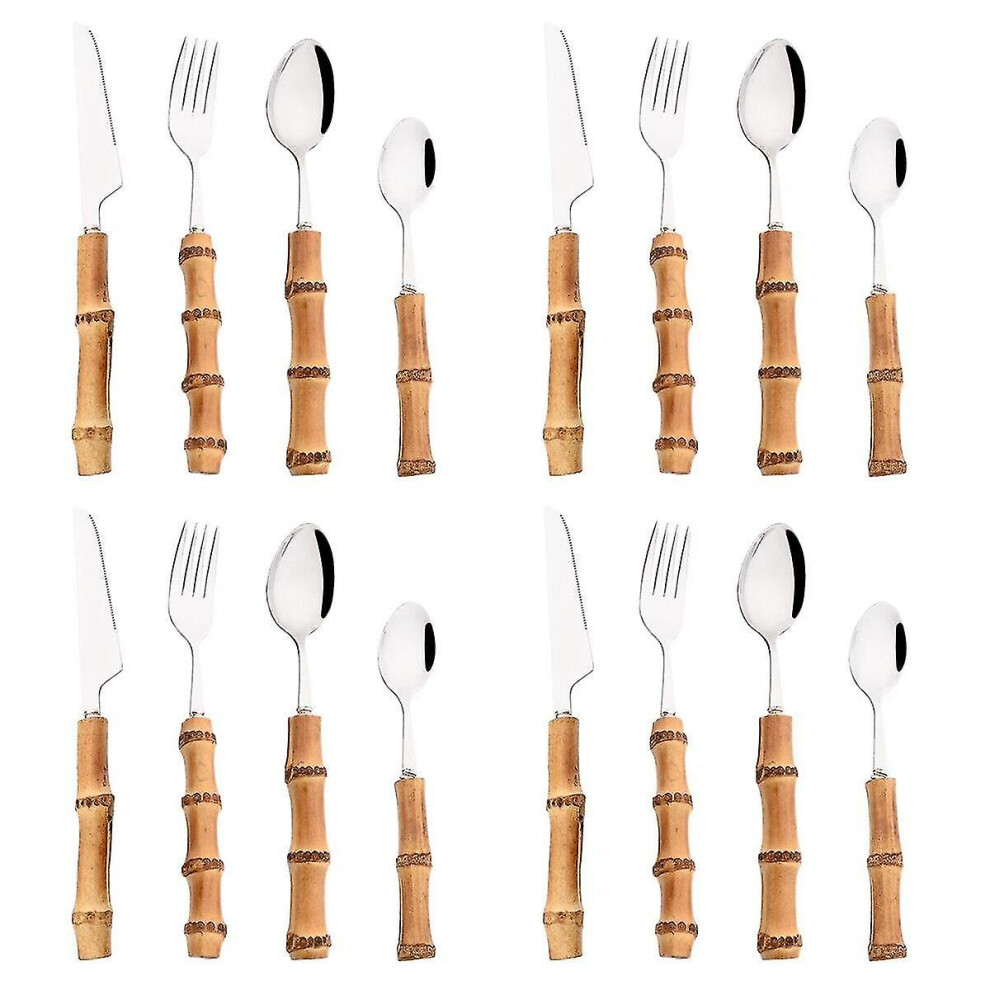 (16PCS) 4/8/16/24pcs Creative Bamboo Handle Cutlery Set Stainless Steel Tableware Steak Knife Fork Spoon Teaspoo