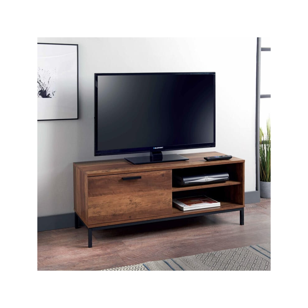 Tromso TV Unit Features a black metal base, and handles.- Black