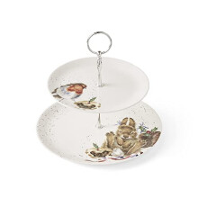 Royal Worcester Wrendale Deigns Festive Two Tier Cake Stand A Merry Little Christmas - Robin and Bunny, White