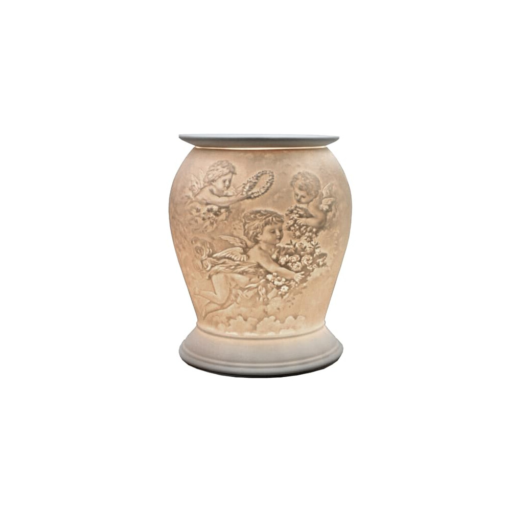 Porcelain Electric Melt Burner, Cherub Pattern - Cello Barrel Wax Melt Burners Safe For Use Around Children And Pets - Use As A Wax Burner Or An Oil