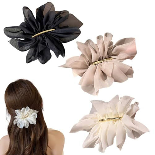 3 Pcs Chiffon Flower Hair Clips, Solid Color Big Flower Hairpin for Women Girls, Elegant French Barrettes Ponytails Braids Spring Clips Headdress Hair
