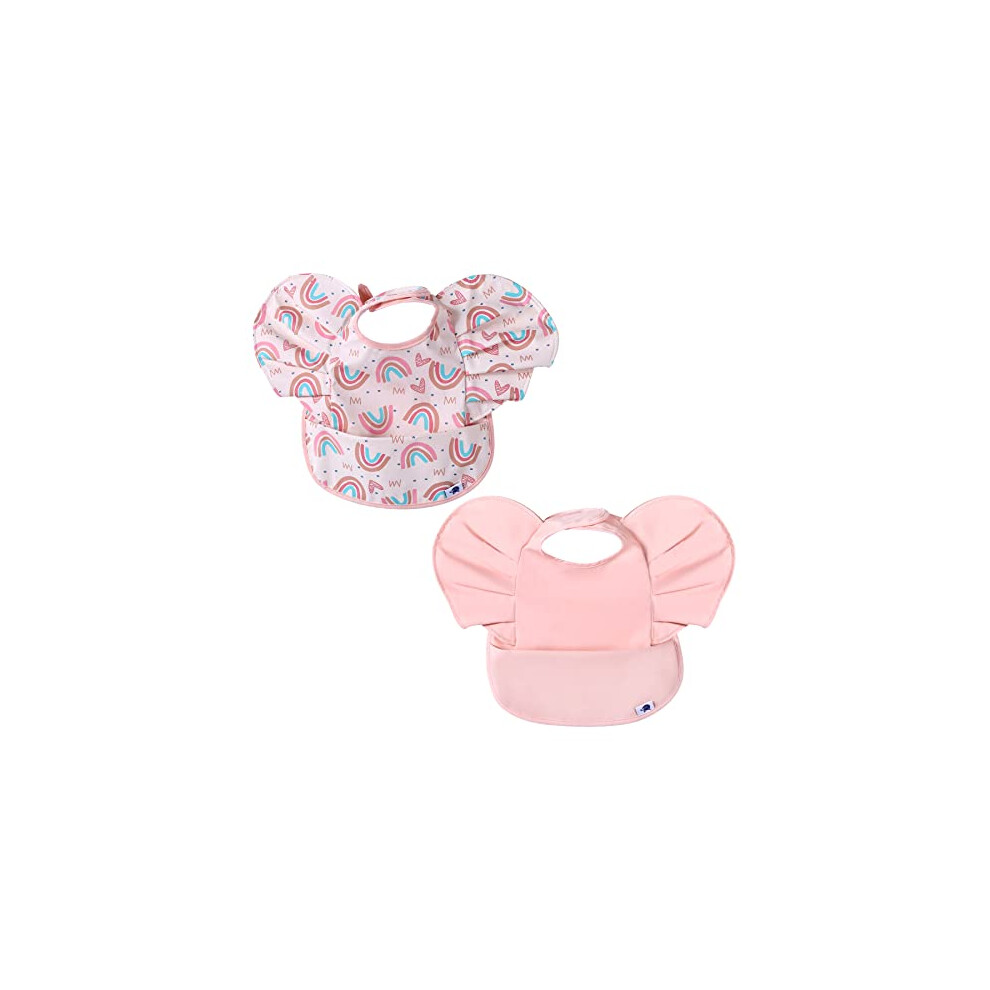 Syvofox 2 Pack Baby Weaning Bibs, Soft Waterproof Baby Feeding Bib With Food Catcher Pocket, Wipe Clean Toddler Apron Smock Baby Bibs For Girls 6-24 Months