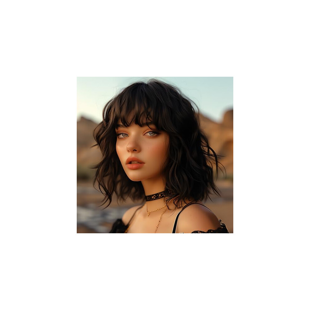 Wigs for Women|Short Bob Wig with Bangs|Synthetic Wavy Bob Wig With Air Bangs (Brown)