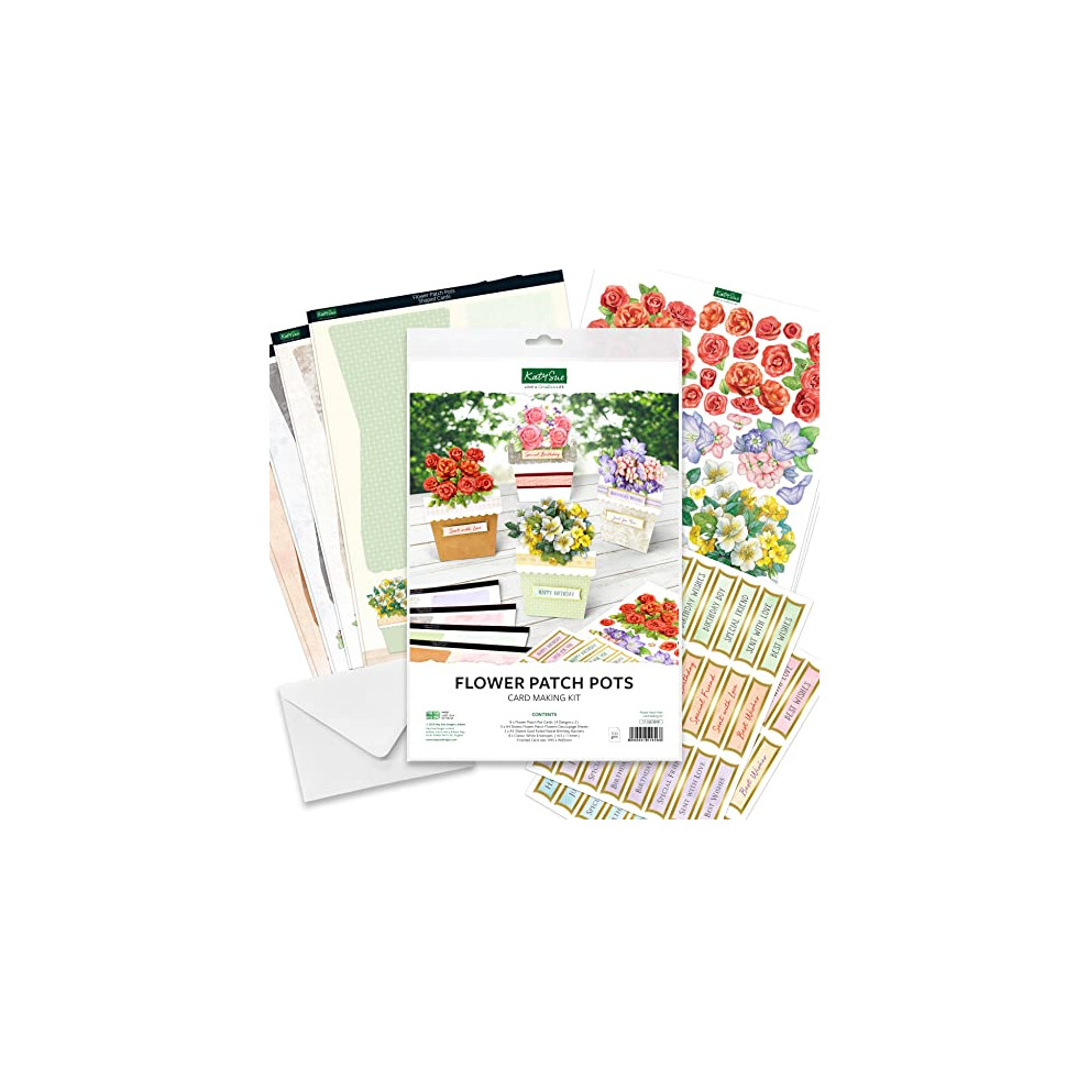 Flower Patch Pots Card Making Kit - Contains 8 Cards, 8 Envelopes, 3 Sheets of Floral Die Cut Decoupage & 2 Sheets of Foiled & Die Cut Birthday
