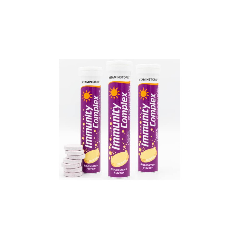 Vitamin Store Immunity Complex Effervescent Tablets, 3 Packs Of 20 Blackcurrant Flavoured Immune System Booster Dissolvable Fizzy Supplement - Contains Vitamins C,