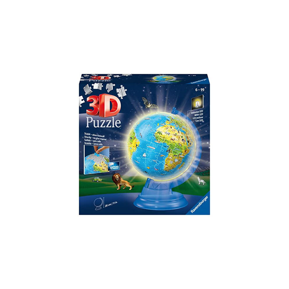 Light Up World Globe for Children Age 6 Years Up - 3D Jigsaw Puzzle - 180 Pieces + Accessories - No Glue Required