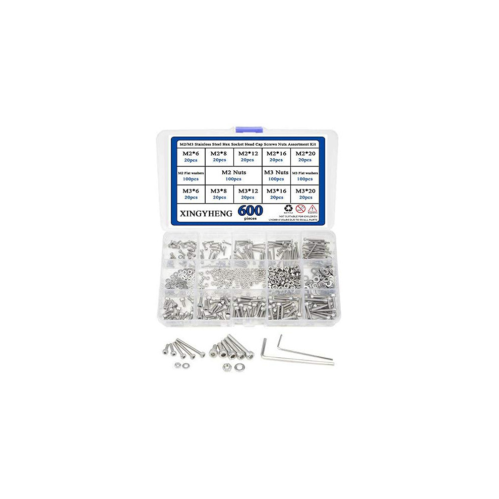 Bgtxingi 600Pcs 304 Stainless Steel M2/M3 Stainless Steel Hex Socket Head Cap Screws Nuts Assortment Kit With 2Pcs Hex Keys For Free 714973095313