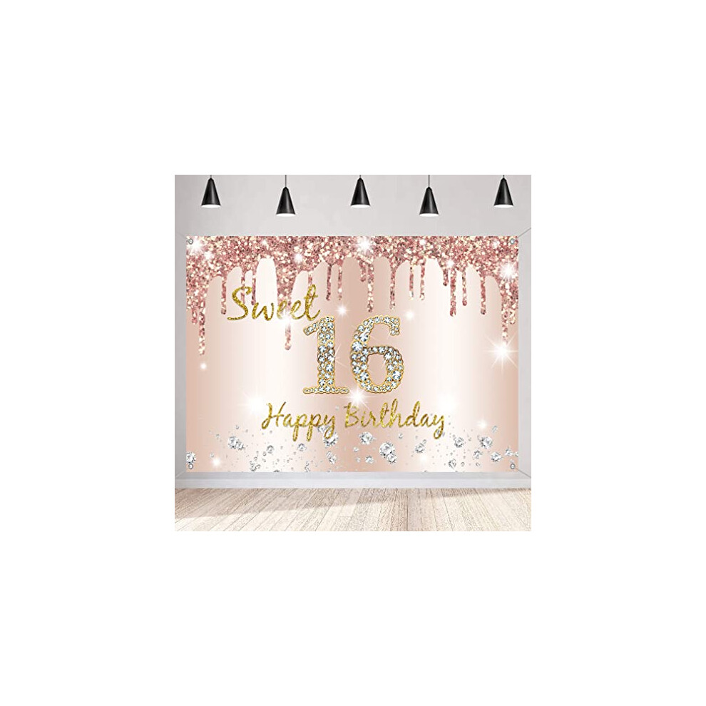 Happy 16th Birthday Backdrop Banner for Girl Sweet 16 Birthday Decorations 16 Years Old Fabric Sign Poster, Rosegold Party Deco Photo Background Sweet
