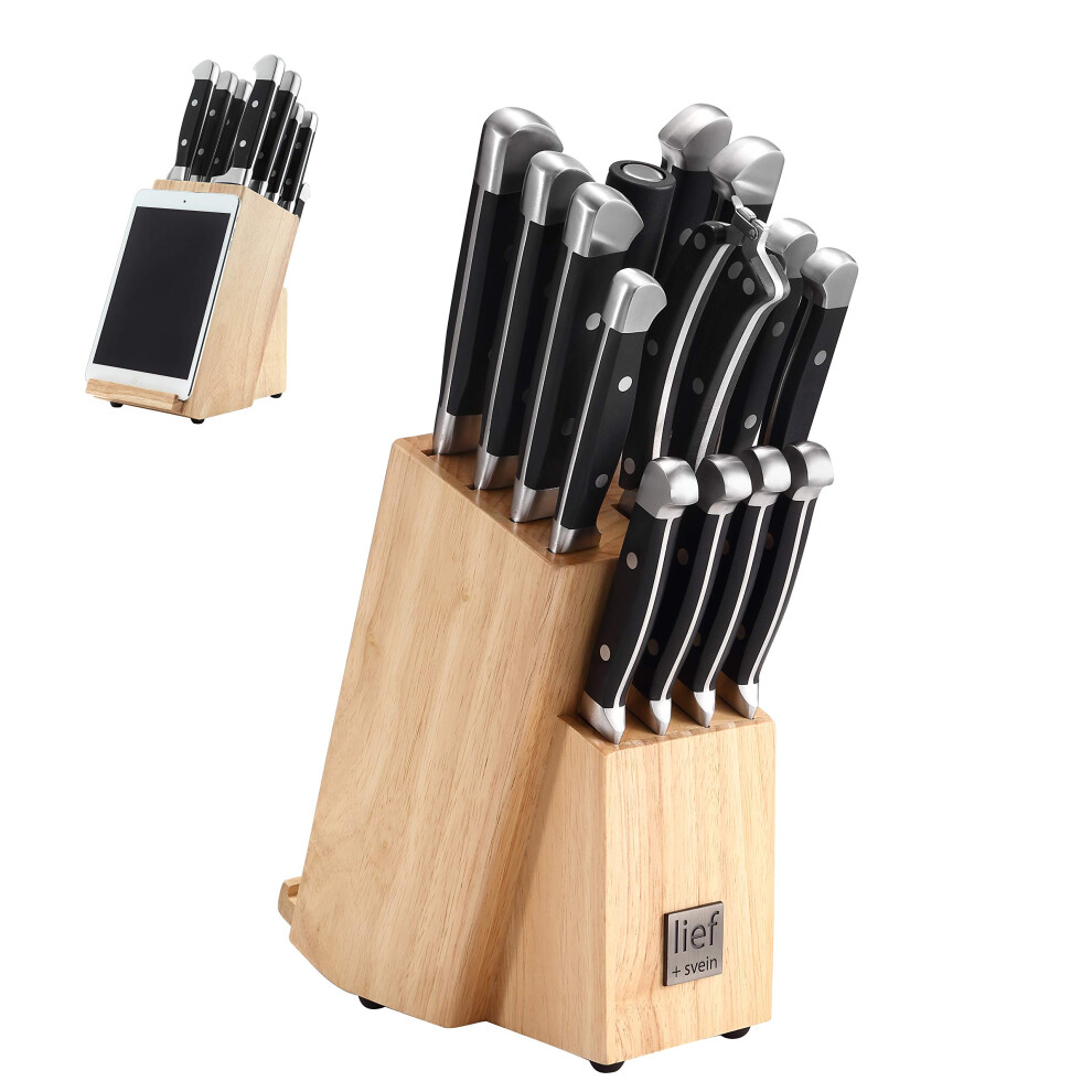 German Steel Knife Block Set, 15-Piece Kitchen Knife Sets. German Stainless 1.4116 Steel. Unique Kitchen Knives Set with Ipad Holder. Ideal Knife Set