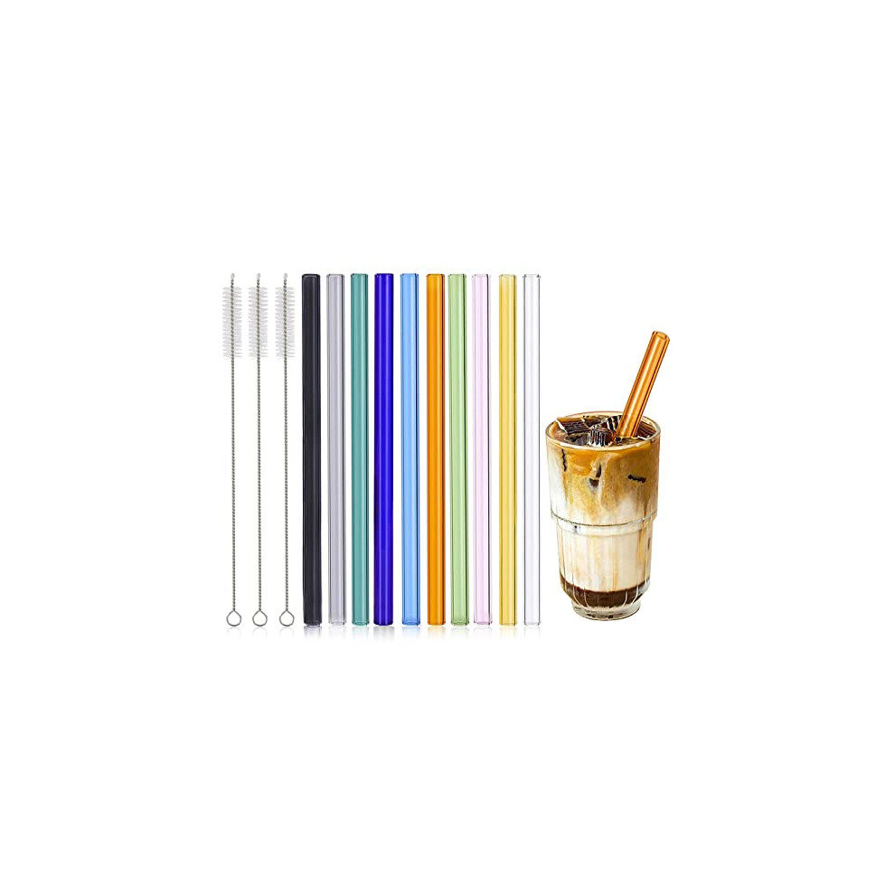 Glass Straws for Drinking - 10 Pack Coloured,Reusable Glass Straws with 3 Straw Cleaner Brushes,Thick Straws for Smoothies and Normal Liquid