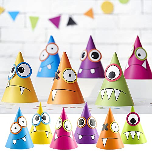 PartyDeco- Pack of 6 Colorful Cone Caps Customizable Funny Monsters, Assorted, CPP9