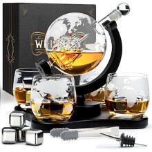– Whiskey Decanter – Globe - 900 ml – Whiskey Carafe Set – Gifts for Men – Inc. 4 Whiskey Glasses – 4 Whiskey Stones – Spout – Glass