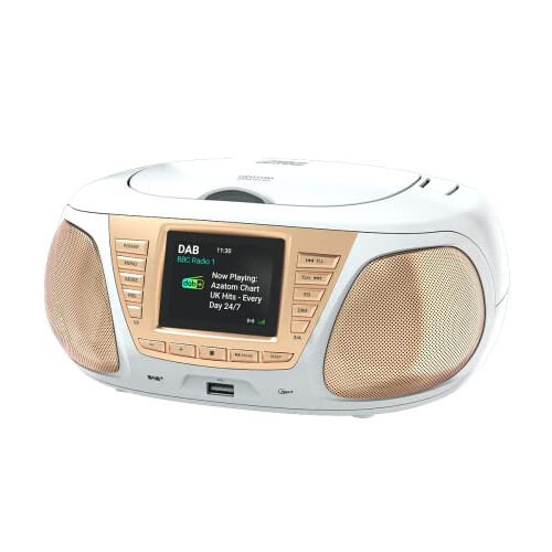 DAB DAB+ CD playe, FM Radio, Wireles Bluetooth, Stereo Speaker System, Clock, USB player (AZATOM Zenith Z4 White)