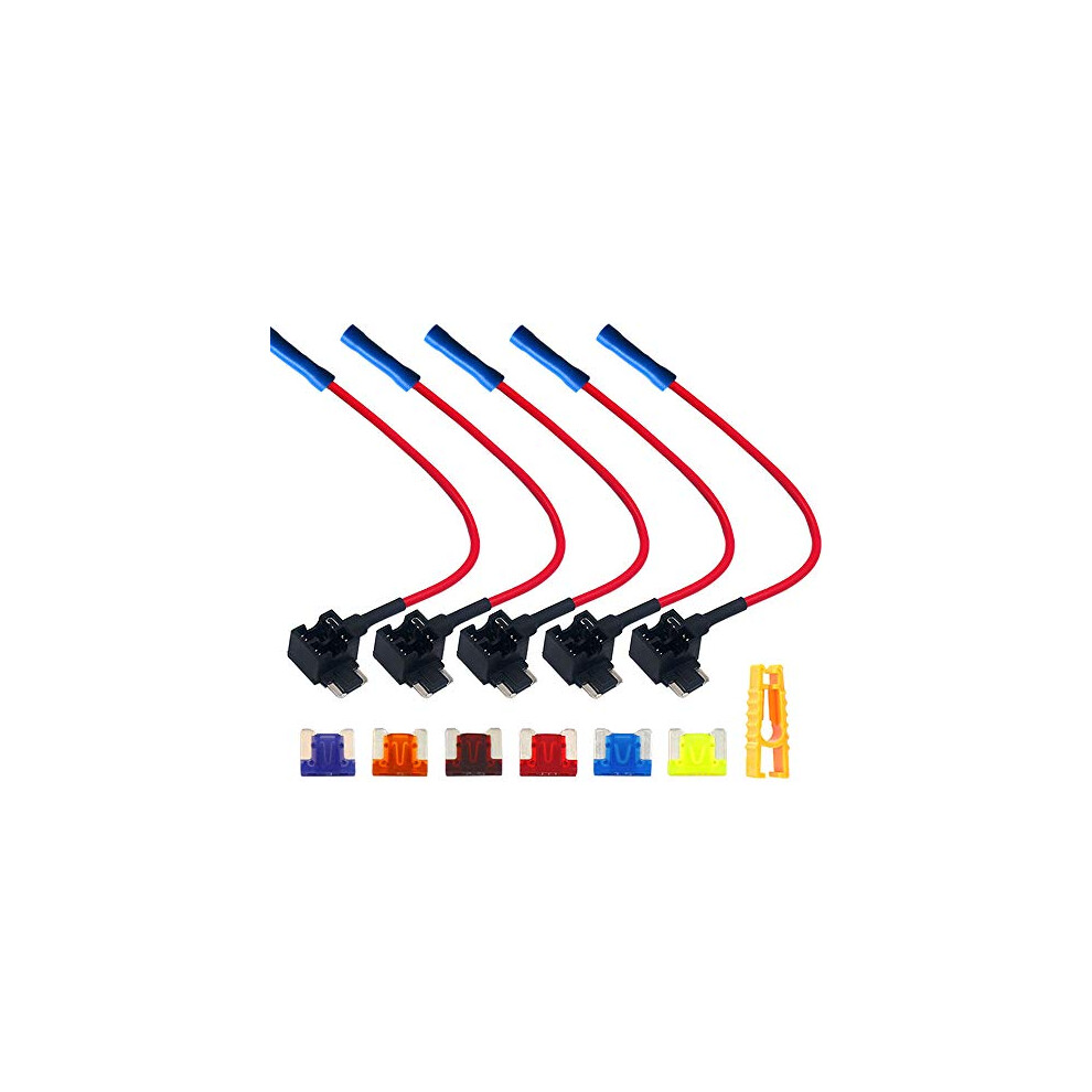 5Pcs Premium 12V / 24V Acn Low-Profile Piggyback Fuse Holder, Car Add-A-Circuit Fuse Tap, With Wire Harness, 6Pcs Micro Blade Fuses, 1Pcs Fuse Puller 761344553613