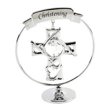 Keepsake Christening Cross Gift Ornament - Chrome Plated with Swarvoski Crystal Elements
