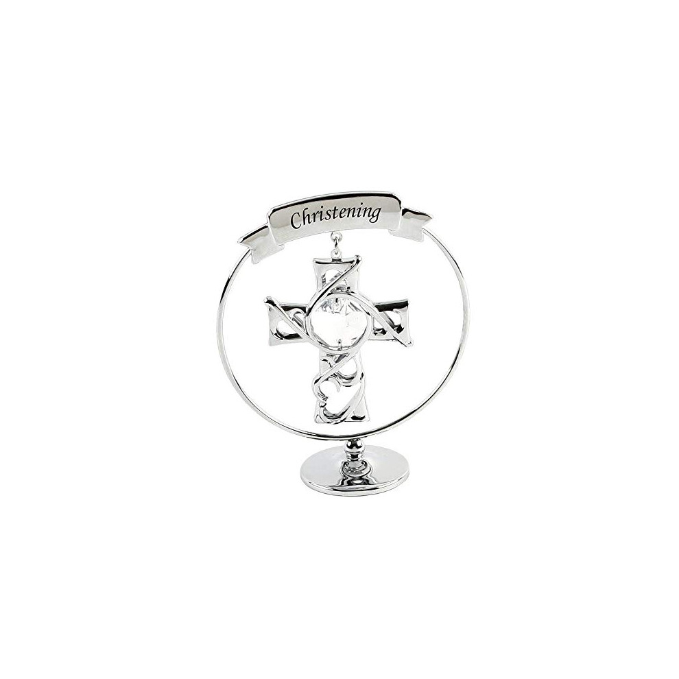 Keepsake Christening Cross Gift Ornament - Chrome Plated With Swarvoski Crystal Elements Crystocraft