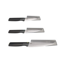 Jospeh Joseph Duo 3 Piece Elevate Knife set, Japanese Stainless Steel blades, includes Paring, Serrated and Chef's knife with protective sheath, Black