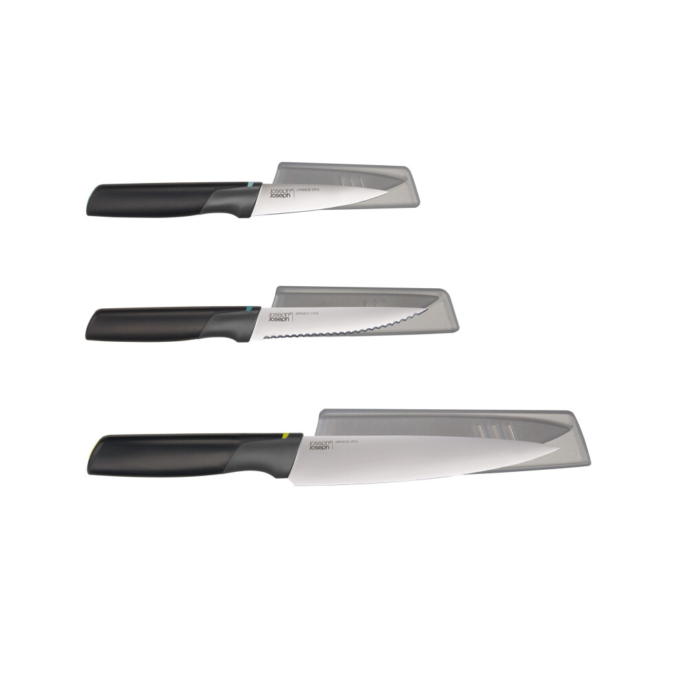 Jospeh Joseph Duo 3 Piece Elevate Knife set, Japanese Stainless Steel blades, includes Paring, Serrated and Chef's knife with protective sheath, Black