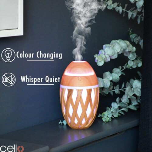 Cello Woven Basket Ultrasonic Diffuser - Electronic Oil Diffuser And Humidifier With Colour Changing LEDs - Bamboo Diffuser To Pair With Essential Oils, A 1