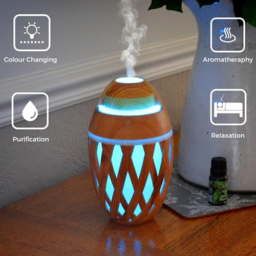 Cello Woven Basket Ultrasonic Diffuser - Electronic Oil Diffuser And Humidifier With Colour Changing LEDs - Bamboo Diffuser To Pair With Essential Oils, A 2