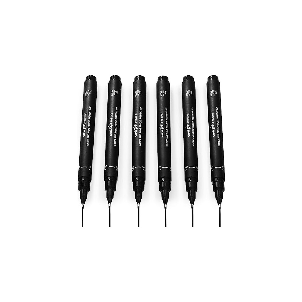 Uni Pin Fineliner Drawing Pen - Black Ink - 1.0mm Nib - Pack of 6