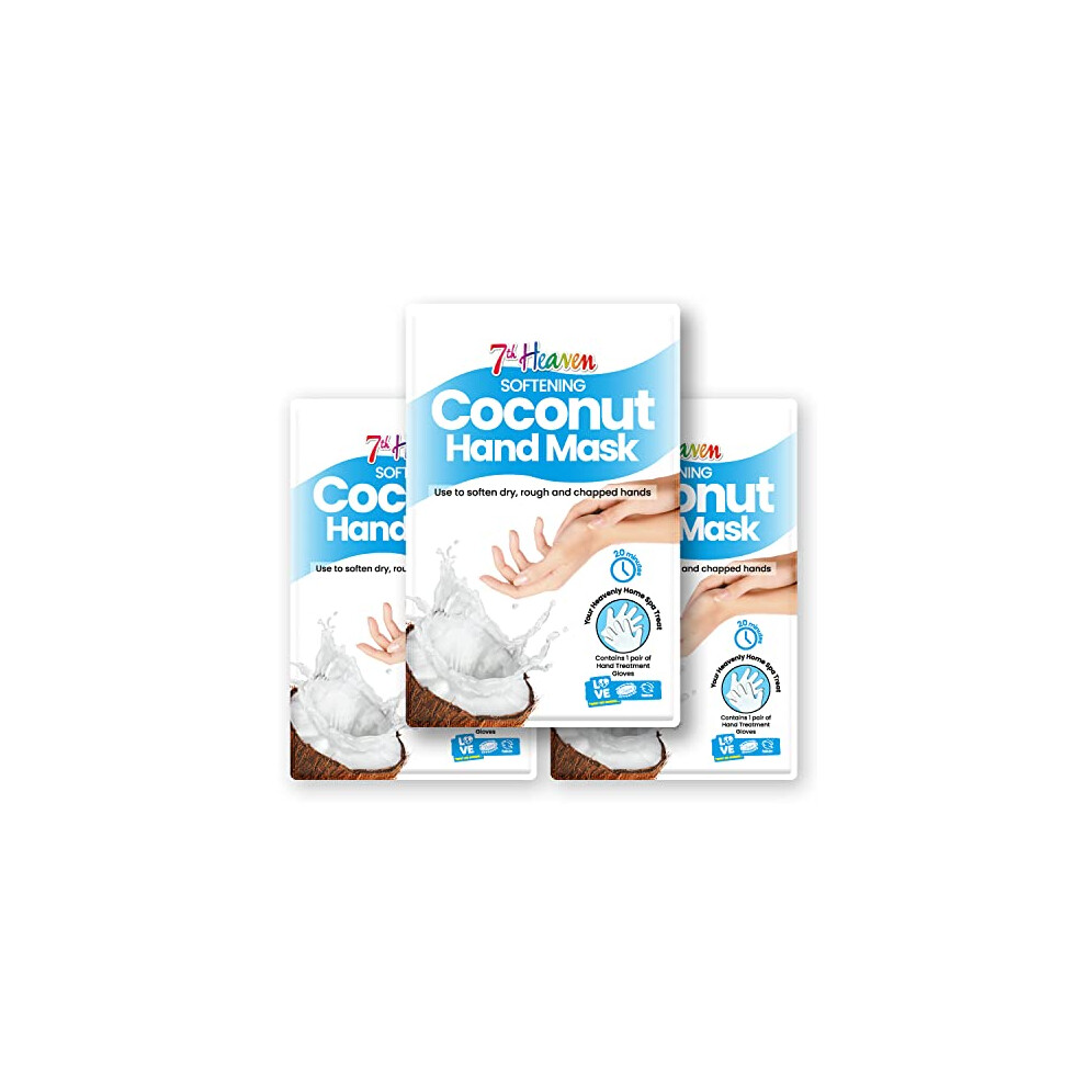 7Th Heaven Softening Coconut Hand Mask Multipack (Pack Of 3) With Shea Butter To Soften Dry, Rough And Chapped Hands (3 Pairs Of Hand Treatment Gloves)