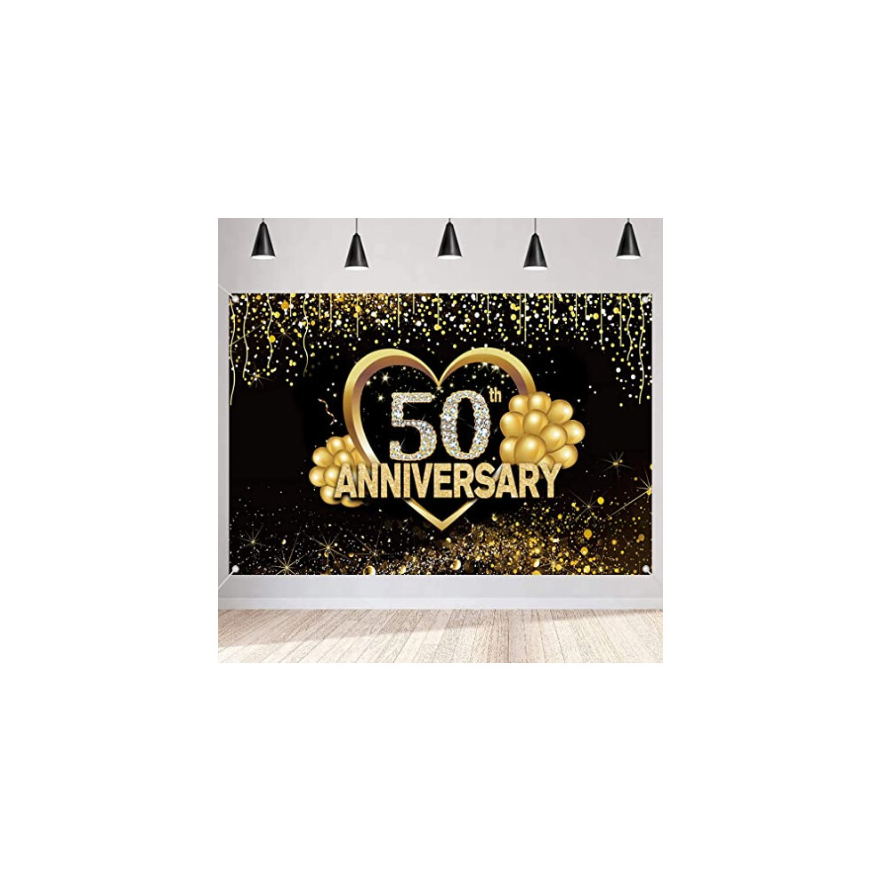 Happy 50th Anniversary Banner Background Decorations, Wedding Anniversary 50th Happy Anniversary Party Poster Accessories Fabric Sign Poster, Black