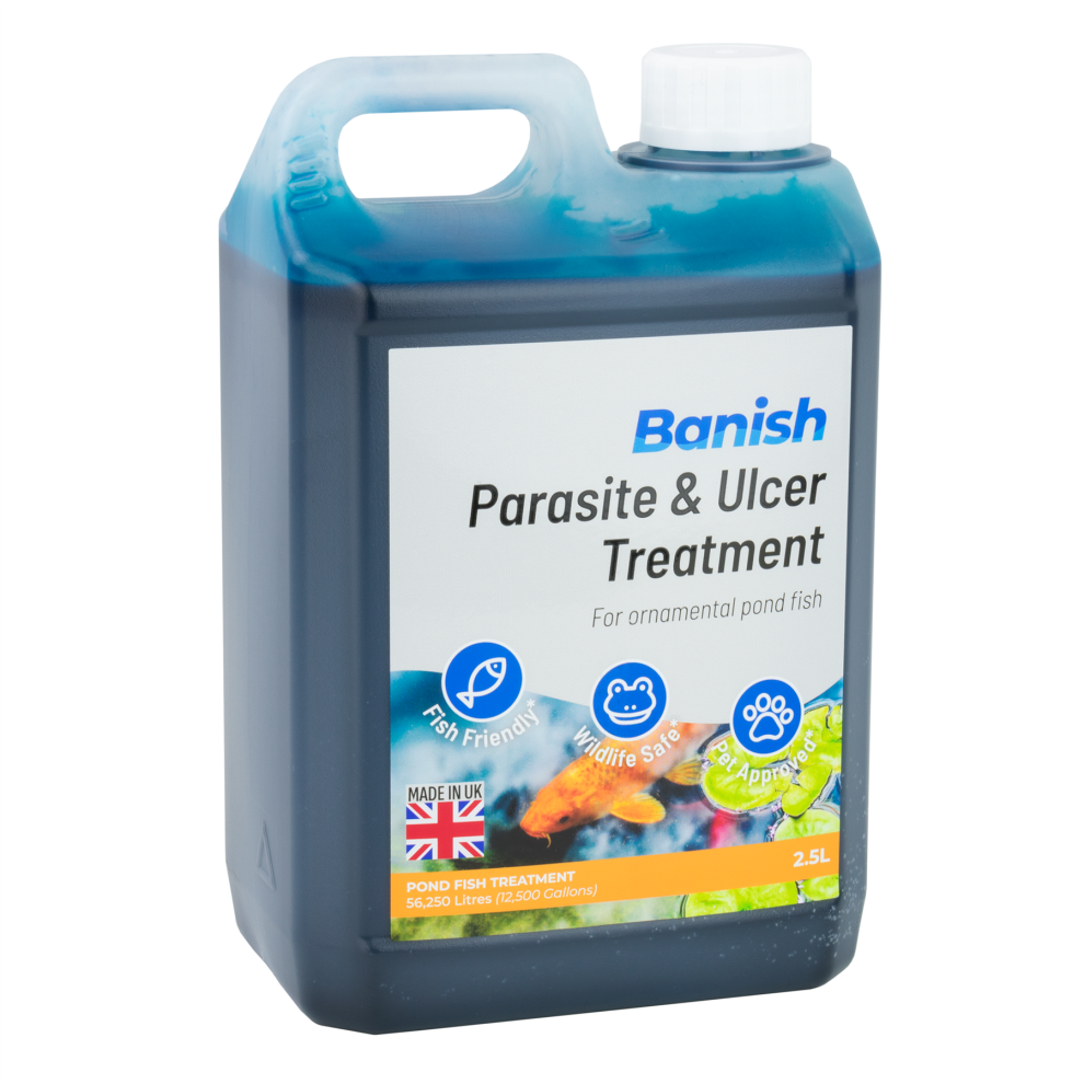 (2.5L Parasite, Ulcer & Whitespot) Banish Parasite Ulcer & Whitespot Pond Fish Treatment Koi Water Anti Rot Disease Medicine Remover