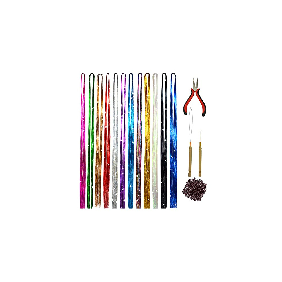 Ytbyt Hair Tinsel Extensions Kit With Tools 47 Inches 12 Colors 2400 Strands Hair Extensions Kit For Women Girls Hair Accessories For Christmas New Year