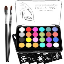 Face Paint Kit for Kids - 32 Stencils, 24 Large Water Based Paints, 2 Brushes, Professional Quality Face & Body Paint, Hypoallergenic Safe & Non-Toxic