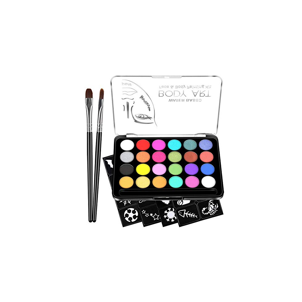 Riogoo Face Paint Kit For Kids - 32 Stencils, 24 Large Water Based Paints, 2 Brushes, Professional Quality Face & Body Paint, Hypoallergenic Safe & Non-Toxic Not,Specified