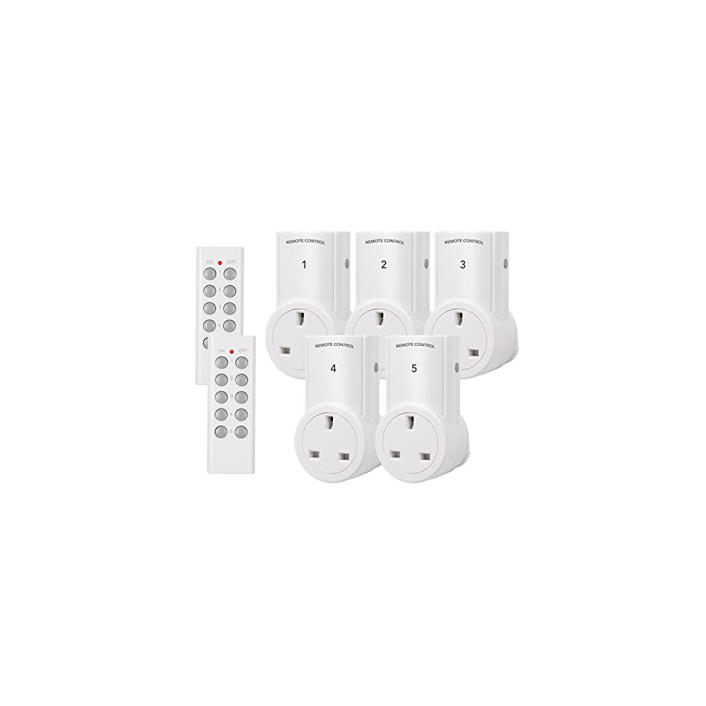 Remote Control Plug Socket,13A/3120W Wireless Light Switch 30M/100Ft Operating Range For Household Appliances,5 Pack Sockets And 2 Remotes 6933018900335