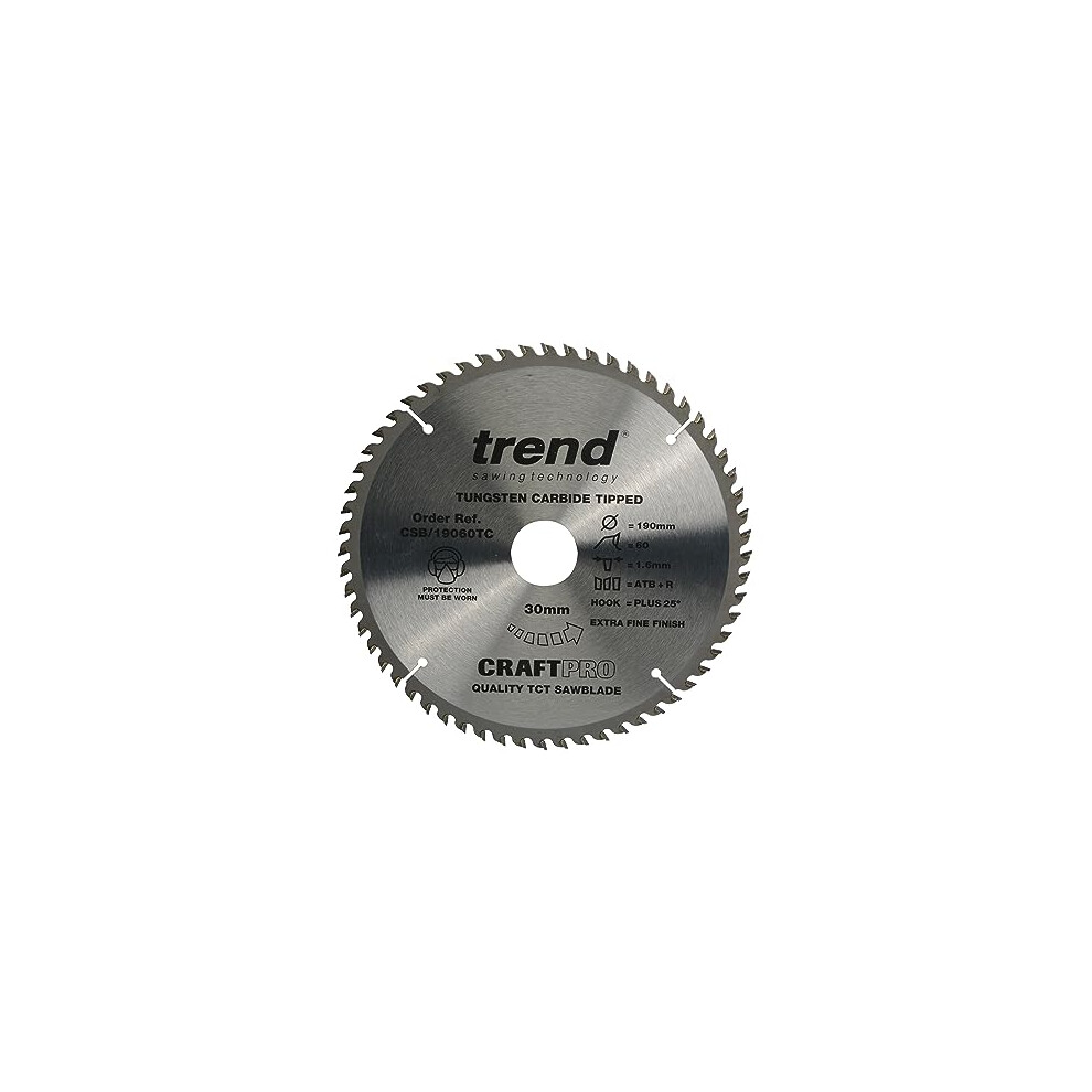 Trend Craftpro Tct Cordless Thin Kerf Combination Sawblade For Wood, 190Mm Diameter, 30Mm Bore, 60 Teeth, 1.6Mm Kerf, +25 Hook, Csb/19060Tc