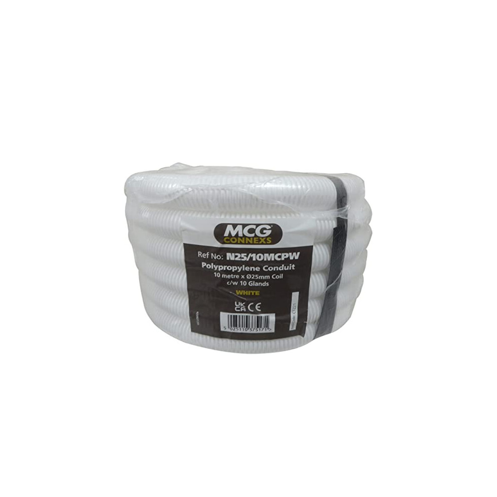 10 Metre 20Mm Or 25Mm Flexible Conduit Tube Contractor Pack With 10 Glands And Locknut - White (25Mm) 5025110375171