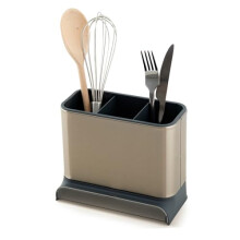 - Kitchen Sink Caddy - Utensil Holder - Cutlery Tidy Organiser - Removable Drip Tray - Non-Slip - Grey and Stainless Steel