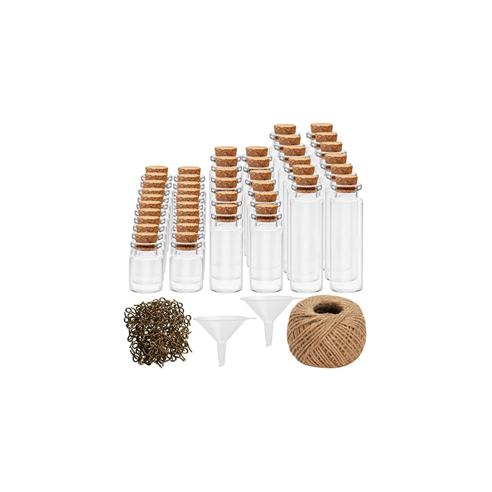 Mini Glass Bottles (44 Pack) - 5ml, 10ml & 20ml Clear Wish Jars with Cork Stoppers - 50 Eye Screws & 2 Funnels - Small Storage, DIY Party & Wedding-image-OPC-PDWC7K2-NEW