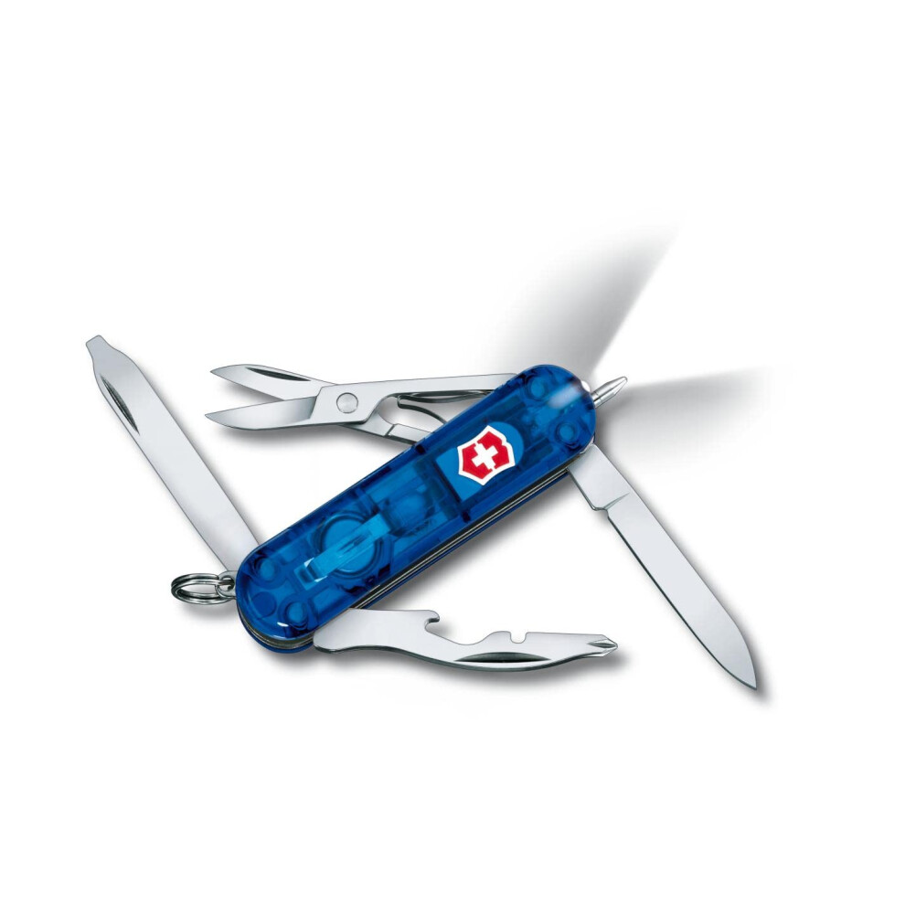 Midnite Manager Swiss Army Pocket Knife, Small, Multi Tool, 10 Functions, LED, Scissors, Blue Transparent