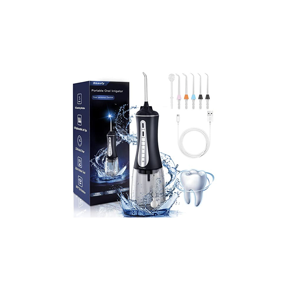 Dental Water Flossers for Teeth Cordless, Powerful with 6 Jet Tips, Rechargeable Oral Irrigator, IPX7 Waterproof with 5 Modes, Portable 350ML Water