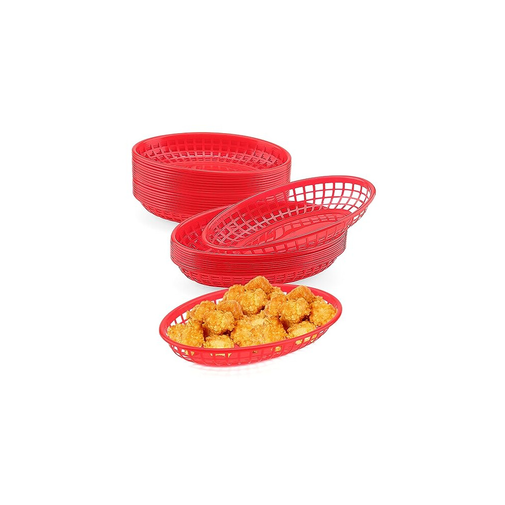 40 PCS Red Plastic Fast Food Basket, 23 x 14 x 4cm Oval Fast Food Baskets, Plastic Food Serving Baskets for Chip Sandwiches Burgers