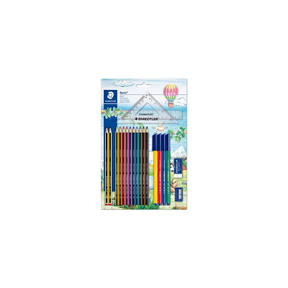 61 SET42 Noris Colour Pencil - Set of 20 Pieces Including HB Pencils, Fibre-Tip Pens and Ruler