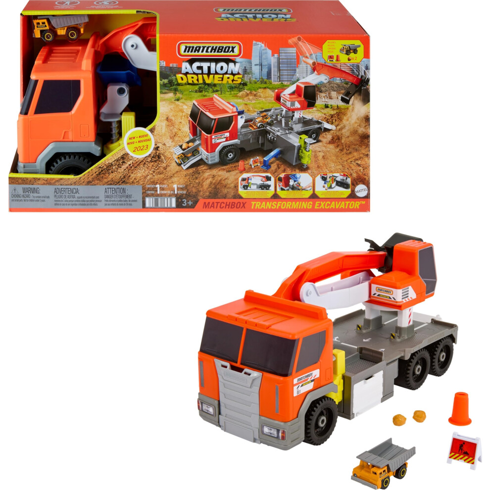 Action Drivers Matchbox Transforming Excavator, Large-Scale Toy Truck & Playset with 1:64 Scale Vehicle & 4 Construction-Themed Accessories